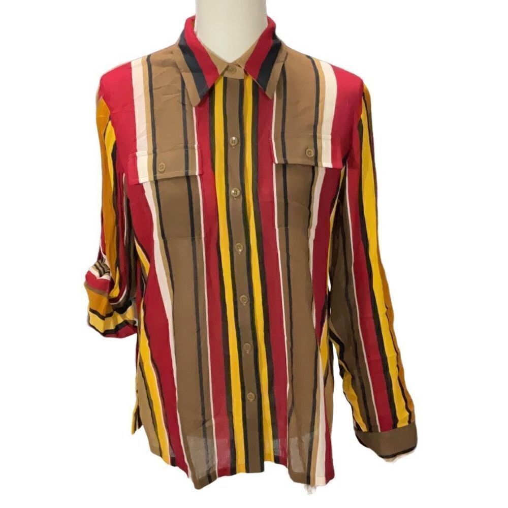 NWT Jones New York Signature Color Block Stripe Long Sleeve Roll Tabs Sz Medium